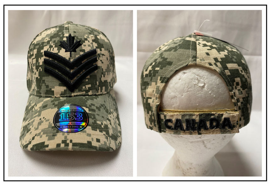 BALL CAP: camouflage green ARMY stripes with Maple Leaf with black embroidery