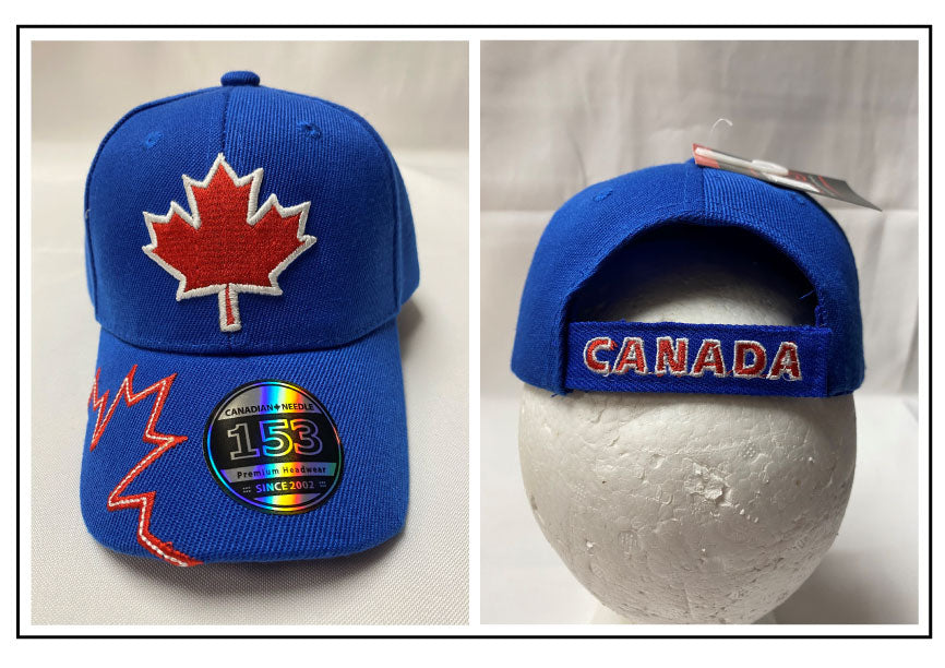 BALL CAP: CANADA MAPLE LEAF red/white line embroidery on royal blue cap