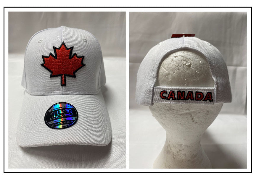 BALL CAP: CANADA MAPLE LEAF red/black line embroidery on white cap
