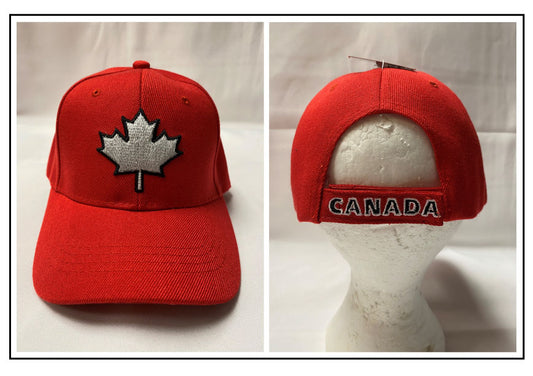 BALL CAP: CANADA MAPLE LEAF white/black line embroidery on red cap