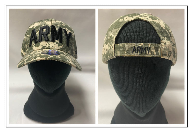 ARMY CREST with black embroidered letters on digital camouflage green