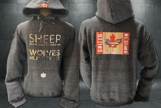 HOODIE SHEEP & WOLVES series with "United We Stand" back in charcoal