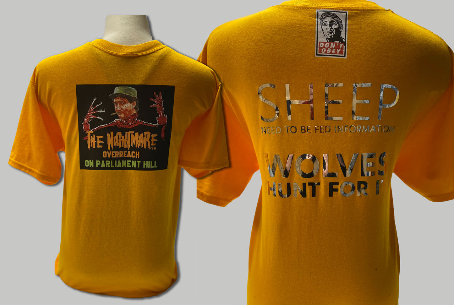 T-shirt (yellow): Nightmare Overreach on Parliament Series with Sheep & Wolves back