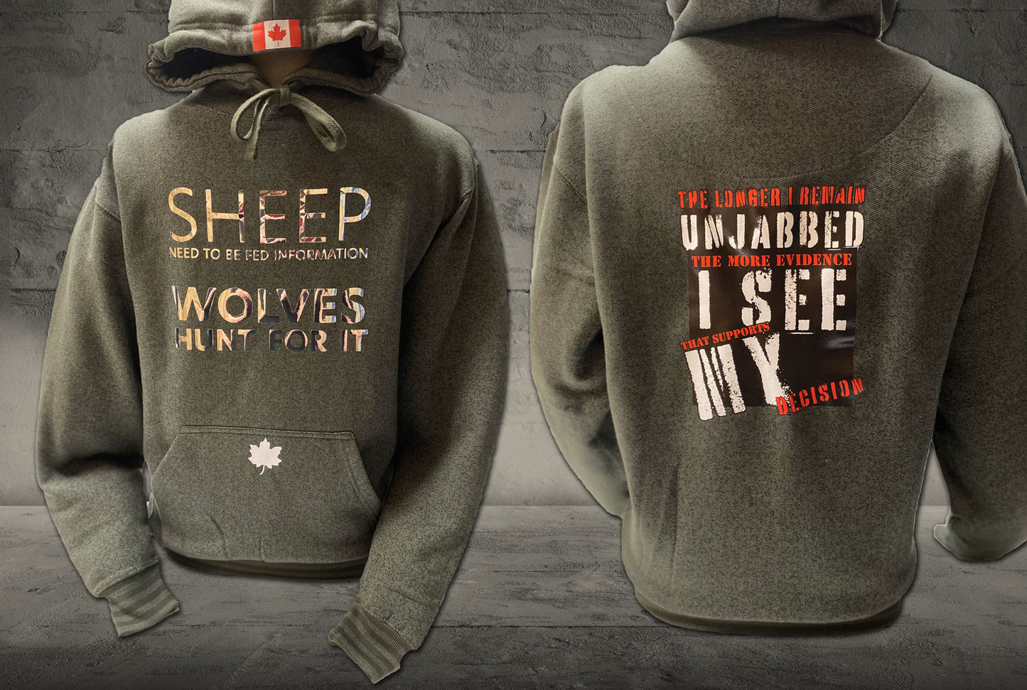 HOODIE: Two sided SHEEP & WOLVES series on front, Unjabbed series on back on charcoal colour